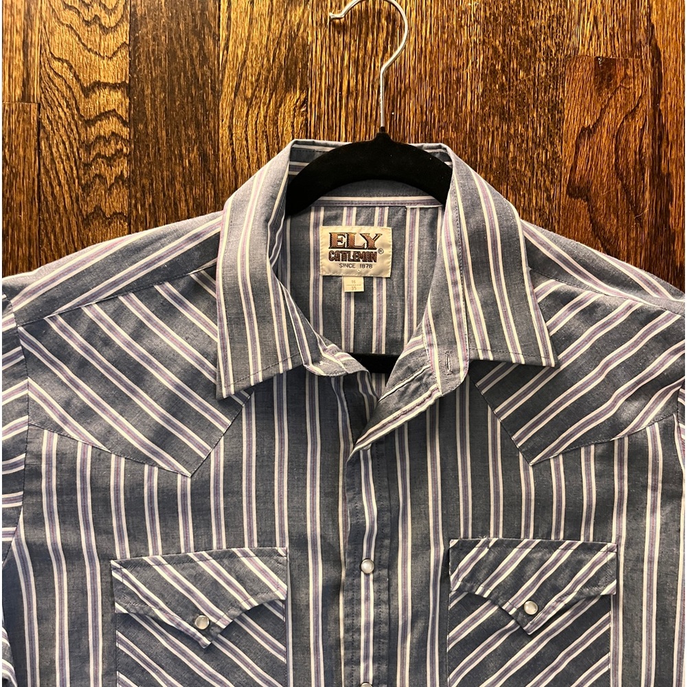 Ely Cattleman Pearl Snap Western Shirt Reverse WeaveBlue Stripe 16/35 Mens Long